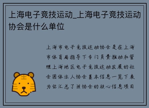 上海电子竞技运动_上海电子竞技运动协会是什么单位